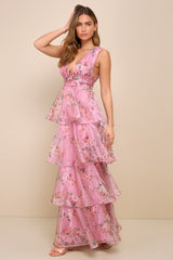 Garden Radiance Pink Floral Print Organza Tiered Maxi Dress