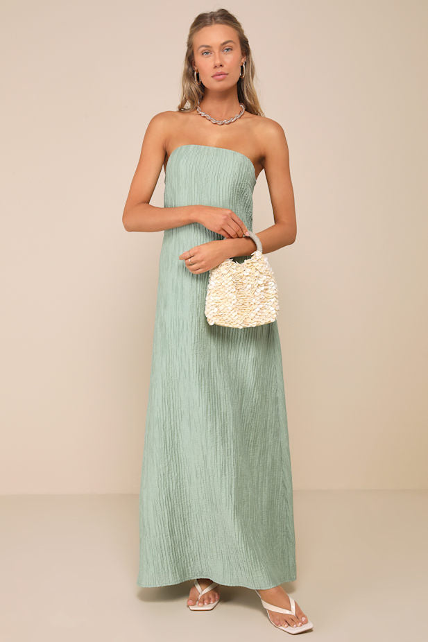 Radiant Season Sage Green Plisse Cutout Strapless Maxi Dress