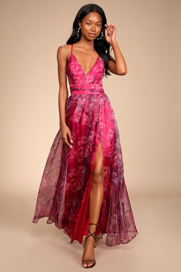 Romance That Wows Magenta Floral Print Organza Maxi Dress