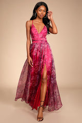 Romance That Wows Magenta Floral Print Organza Maxi Dress