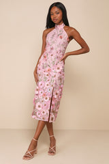 Unique Impression Pink 3D Floral Embroidered Halter Midi Dress