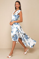 French Countryside White Floral Print High-Low Dress