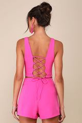 Exceptionally Styled Hot Pink Lace-Up Two-Piece Skort Romper