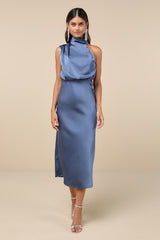 Distinctive Charm Slate Blue Satin Asymmetrical Midi Dress