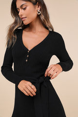 Cozy Poise Black Henley Long Sleeve Mini Sweater Dress