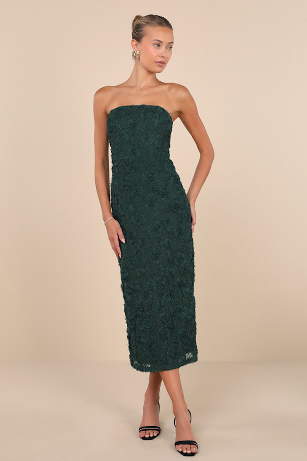Flawless Perfection Emerald Floral Applique Strapless Midi Dress