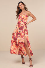 Bright Perspective Plum and Orange Floral Strapless Midi Dress