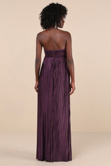 Whimsical Beauty Dark Purple Satin Plisse Strapless Maxi Dress