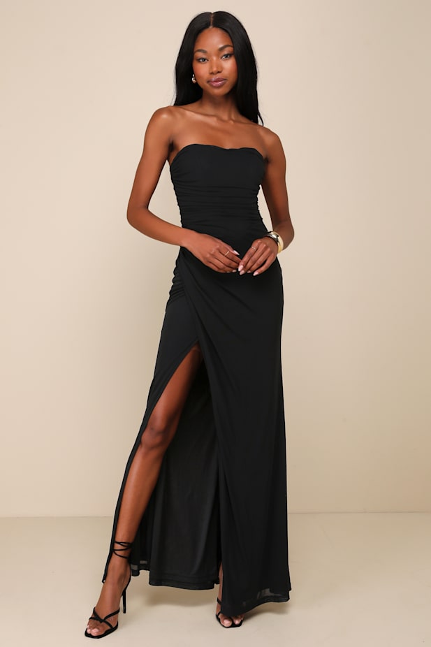 Epitome of Allure Black Mesh Strapless Ruched Maxi Dress