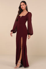 Composed Elegance Burgundy Balloon Sleeve Mermaid Maxi Dress