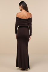 Effortlessly Stunning Dark Brown Off-the-Shoulder Maxi Dress