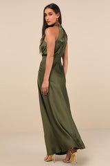 Distinctive Charm Olive Green Satin Asymmetrical Maxi Dress