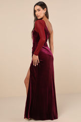 Lavish Style Dark Magenta Velvet Mesh One-Shoulder Maxi Dress