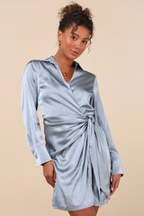 Painterly Perfection Slate Blue Satin Wrap Mini Dress