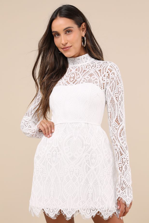 Gorgeous Attraction White Lace Structured Long Sleeve Mini Dress