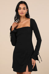 Adored Treatment Black Long Sleeve Tie Cuff Mini Dress