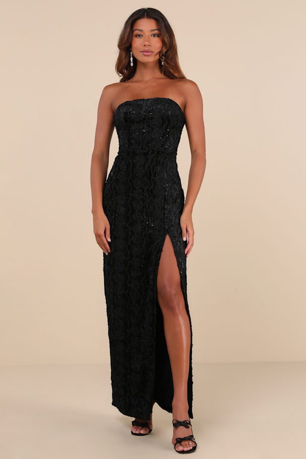 Chic Grace Black Velvet Floral Applique Strapless Maxi Dress