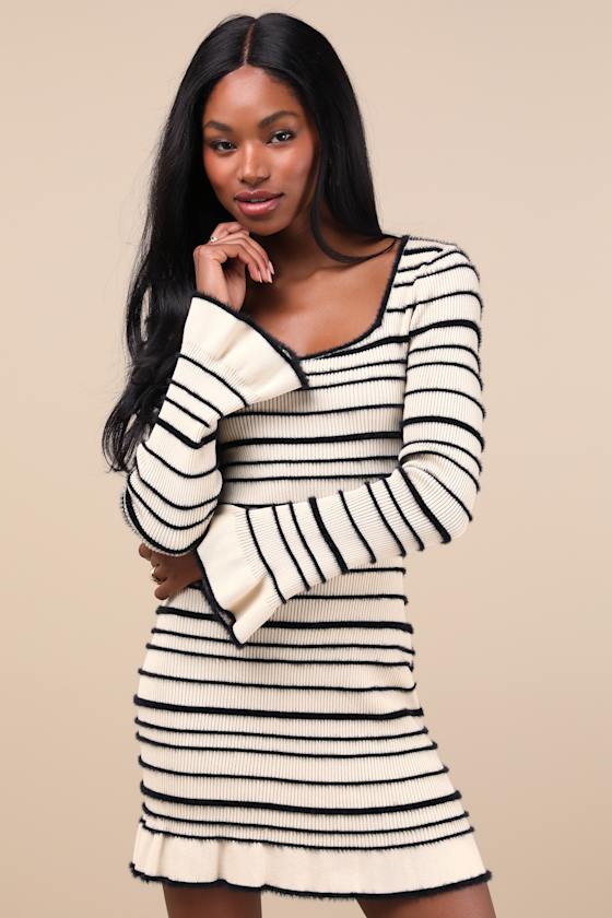 Cozy Outlook Ivory Fuzzy Striped Long Sleeve Sweater Mini Dress