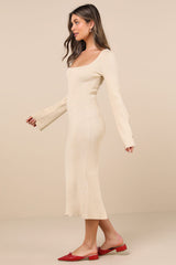 Classy Attitude Beige Ribbed Square Neck Midi Sweater Dress