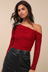 Popular Sparkle Wine Red Rhinestone Asymmetrical Crop Top