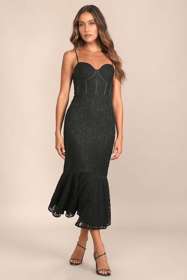 Found Your Love Black Lace Sleeveless Trumpet Midi Dress