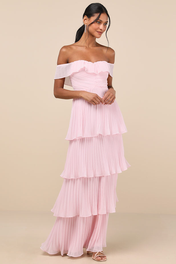 Always Remarkable Pink Pleated Off-the-Shoulder Maxi Dress