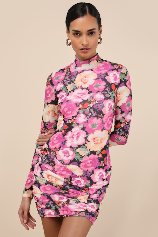 Prettiest Energy Pink Multi Floral Mesh Long Sleeve Mini Dress