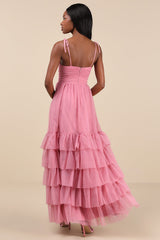 Endlessly Darling Dusty Rose Mesh Tiered Tie-Strap Maxi Dress