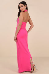 Mesmerizing Perfection Pink Halter Neck Backless Maxi Dress