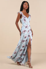 Sweetest Entrance Light Blue Floral Ruffled Tie-Back Maxi Dress