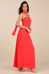 Rawya Red Orange Strapless Maxi Dress and Scarf Set