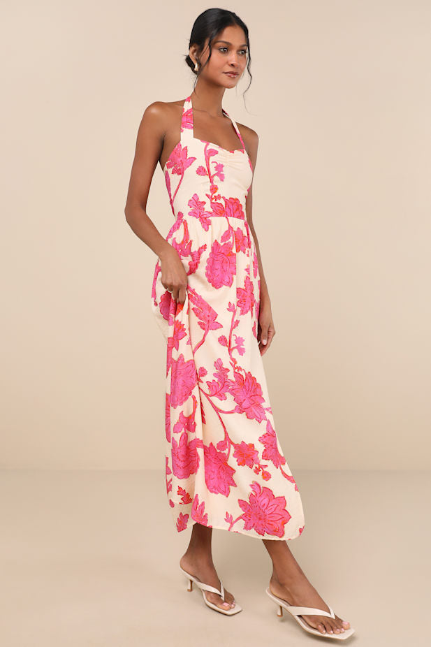 Layton Pink and Cream Floral Halter Maxi Dress