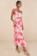 Layton Pink and Cream Floral Halter Maxi Dress