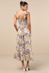 Summer Invite White Multi Floral Tie-Strap Tiered Midi Dress