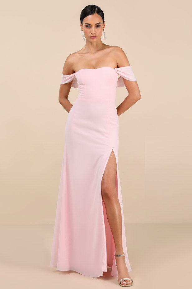 Magical Magnetism Light Pink Off-the-Shoulder Maxi Dress