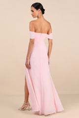 Magical Magnetism Light Pink Off-the-Shoulder Maxi Dress