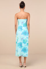 Jaylah Aqua Blue Floral Mesh Strapless Midi Dress