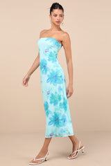 Jaylah Aqua Blue Floral Mesh Strapless Midi Dress