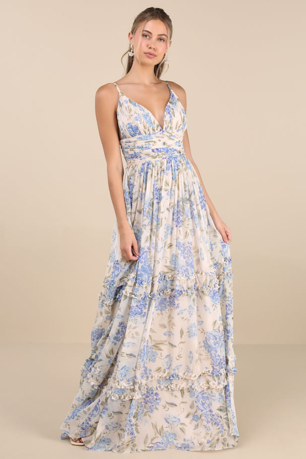 Niora Beige and Blue Floral Pleated Maxi Dress