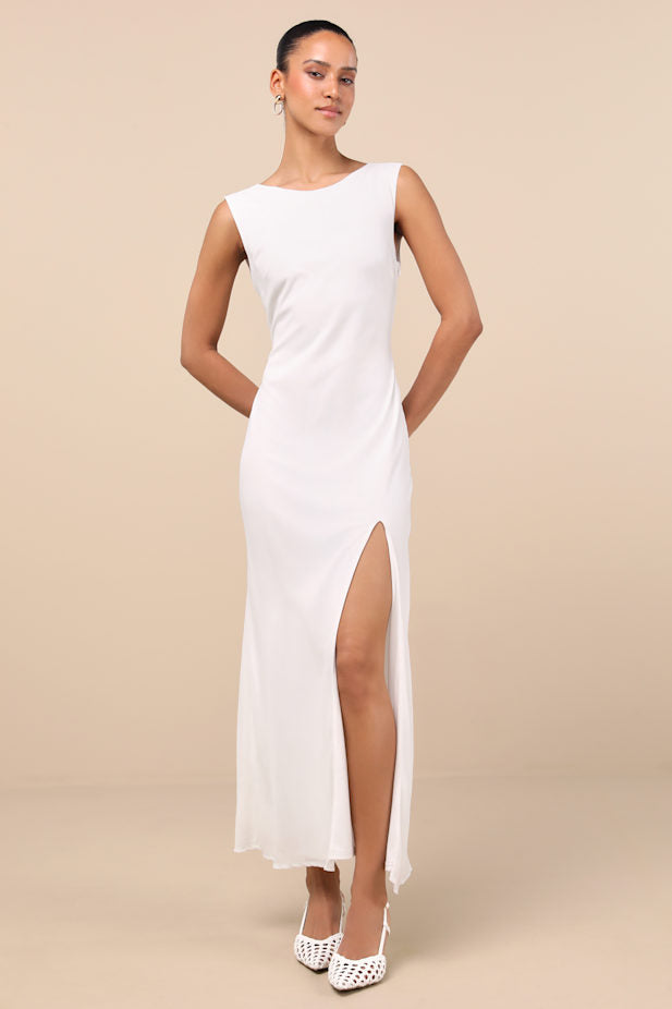 Yaneli White Boat Neck Cowl Back Maxi Dress