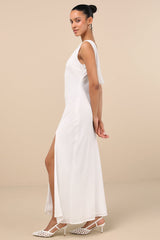 Yaneli White Boat Neck Cowl Back Maxi Dress