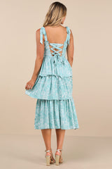 Lovely Bliss Aqua Floral Jacquard Strapless Bustier Midi Dress