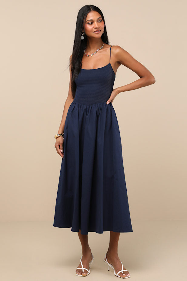 Tandria Navy Smocked Sleeveless Midi Dress