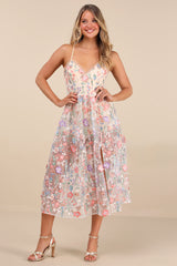 Mahryn Beige 3D Floral Embroidered Midi Bodysuit Dress