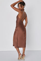 Beyond Classy Brown Satin Halter Midi Dress