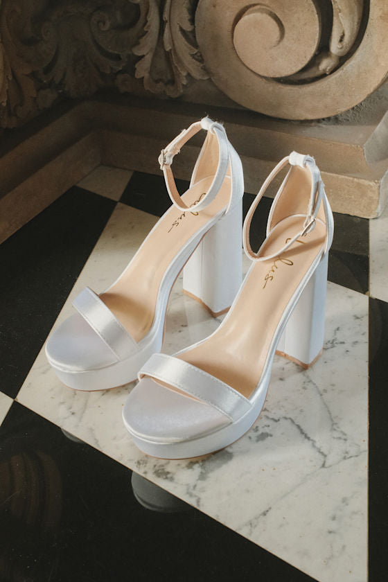 Arrabella Ivory Satin Platform Ankle Strap Heels