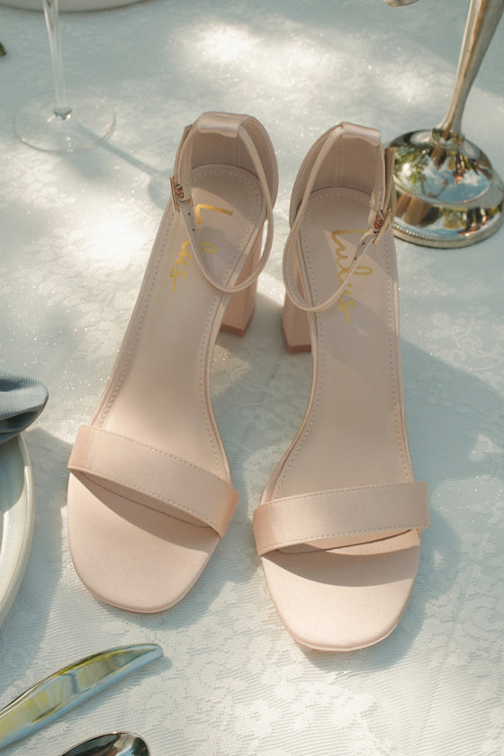 Arylee Champagne Satin Ankle Strap Heels