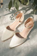 Phoebee White Satin Pearl Pointed-Toe Ankle Strap Flats