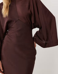 Cape Kimono Sleeve Maxi Dress With Godets And Tassel Tie Detail In Chocolate