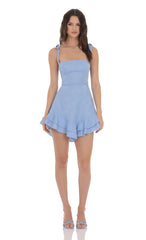 Floral Jacquard Ruffle A-line Dress in Light Blue